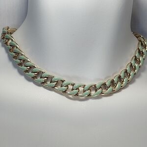 Vintage Mint Green Enamel Coated Chunky Curb Chain Necklace Gold Choker